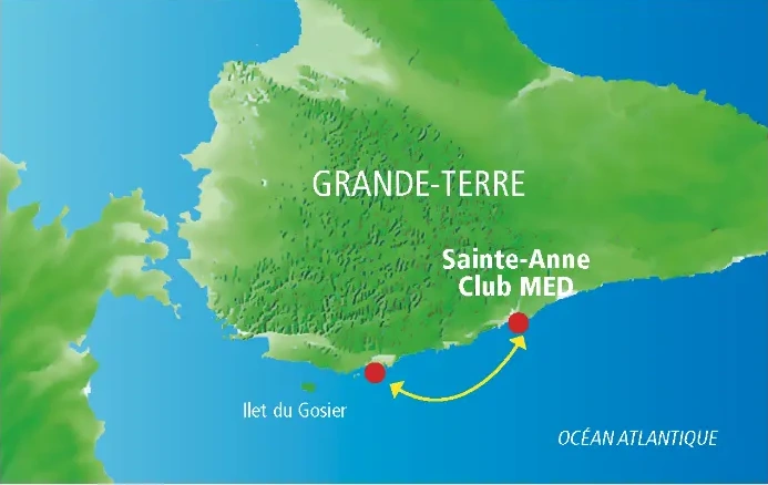 Carte du parcours jet ski Le Diamant au départ de Club Med, plage de la Caravelle, Guadeloupe