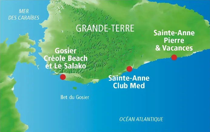 Carte du parcours jet ski Initiation au départ de Créole Beach, Salako Zénitude, Club Med et Pierre & Vacances, Guadeloupe