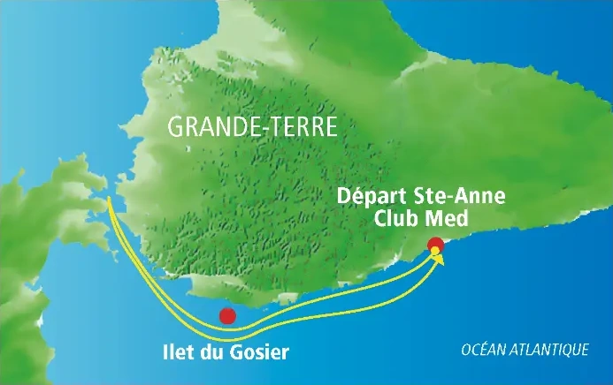 Carte du parcours jet ski Rivière Salée au départ de Club Med, plage de la Caravelle, Guadeloupe