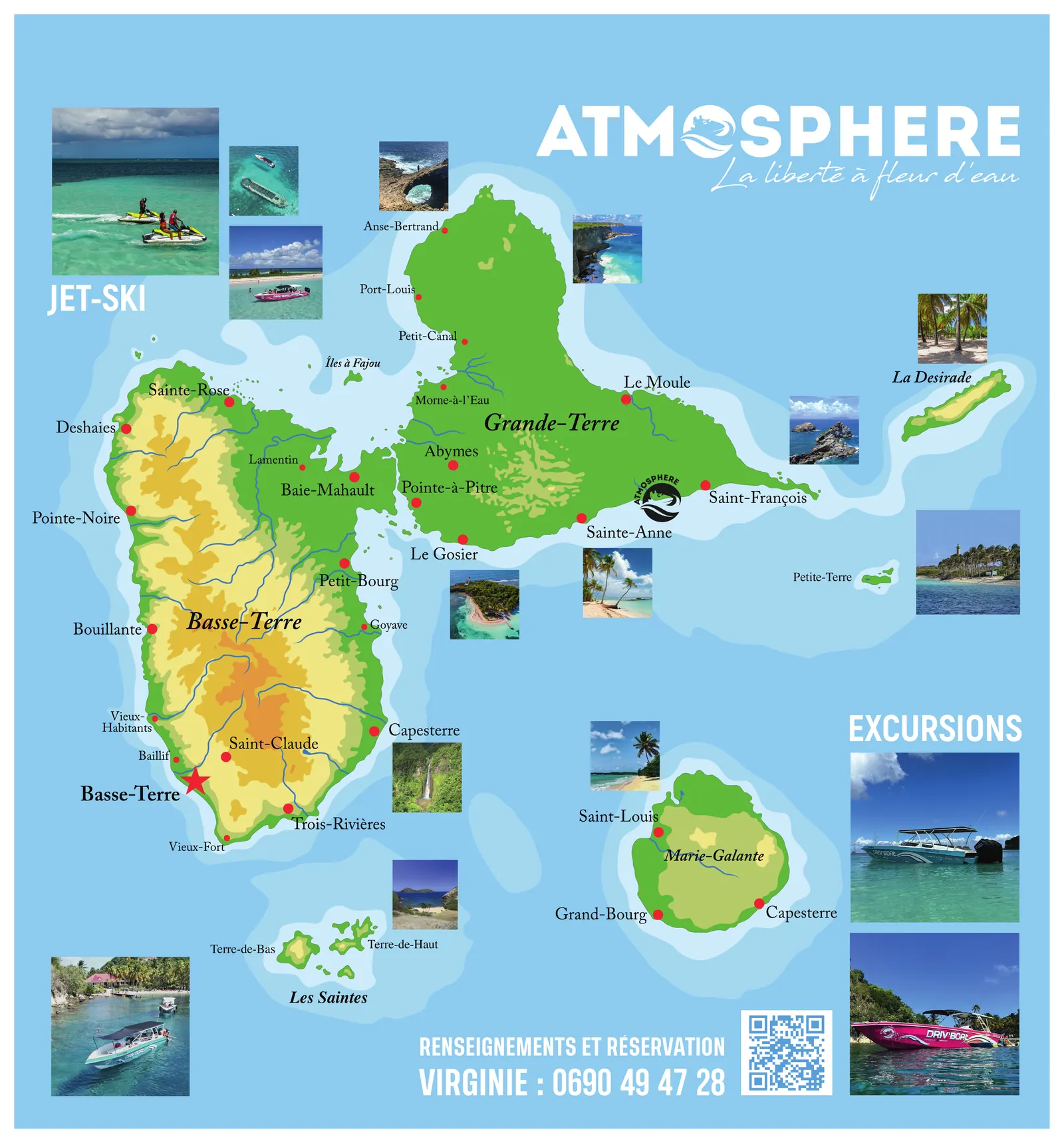 Carte de la Guadeloupe par Atmosphère : Grande-Terre, Basse-Terre, les Saintes, Marie-Galante, la Désirade et Petite-Terre, avec nos activités jet ski et excursions